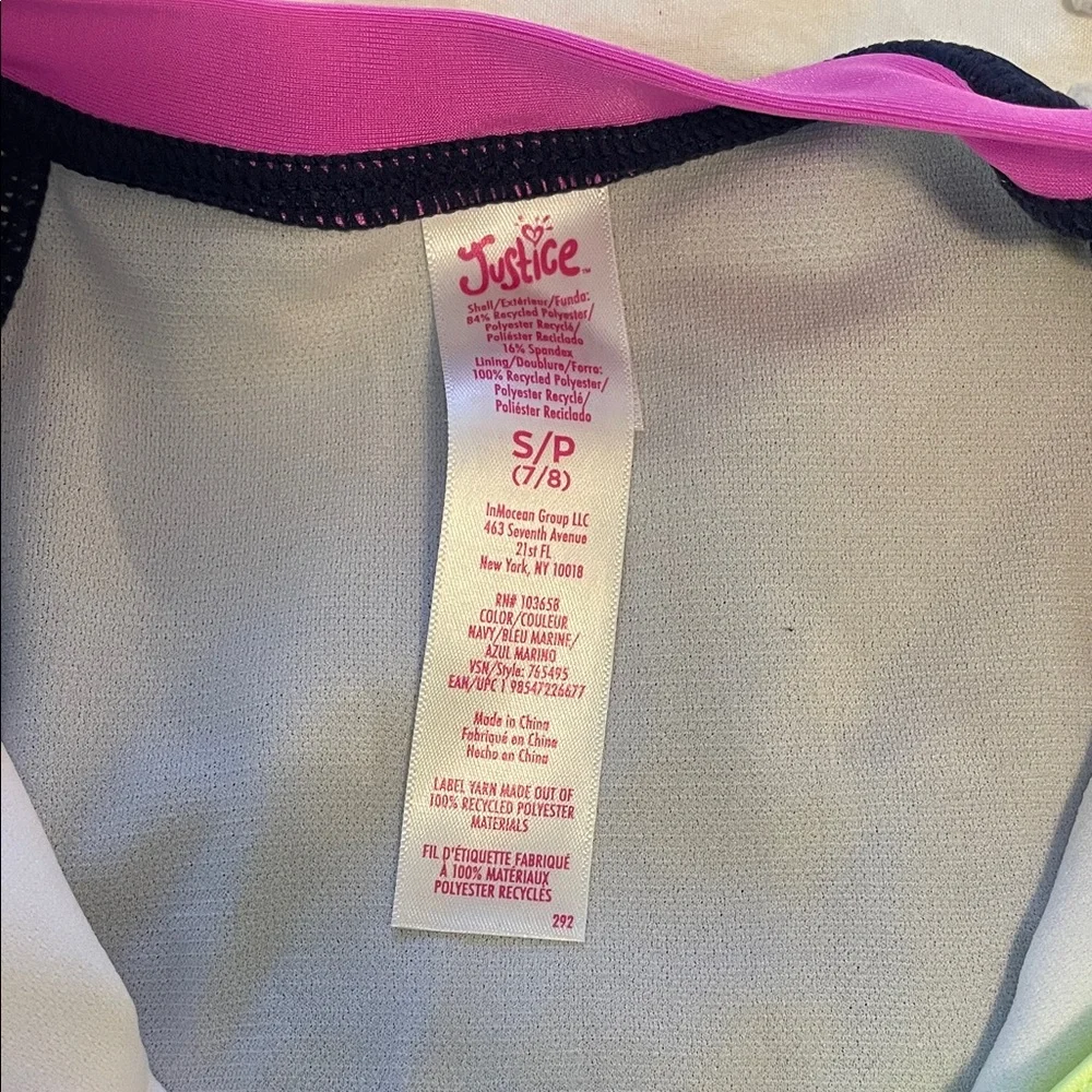 Justice Kids Rashguard one piece swimsuit with Pink and Blue Patchwork nwt